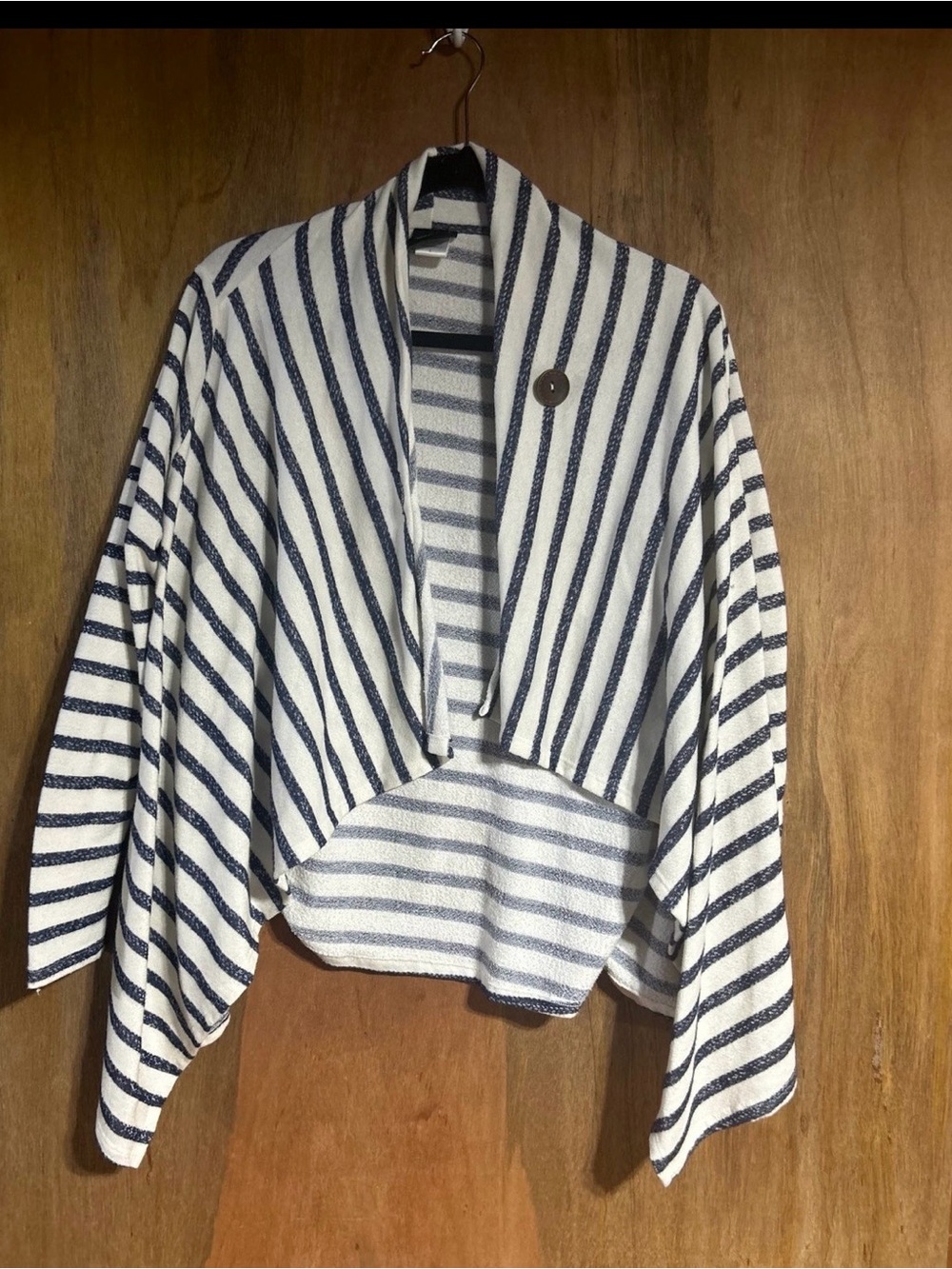 bobeau Navy & White Striped Draped Open Cardigan